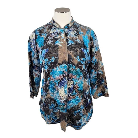 Citron Blue Floral Layerd Chiffon and Satin Art to Wear Jacket Silk Birds - Picture 1 of 15